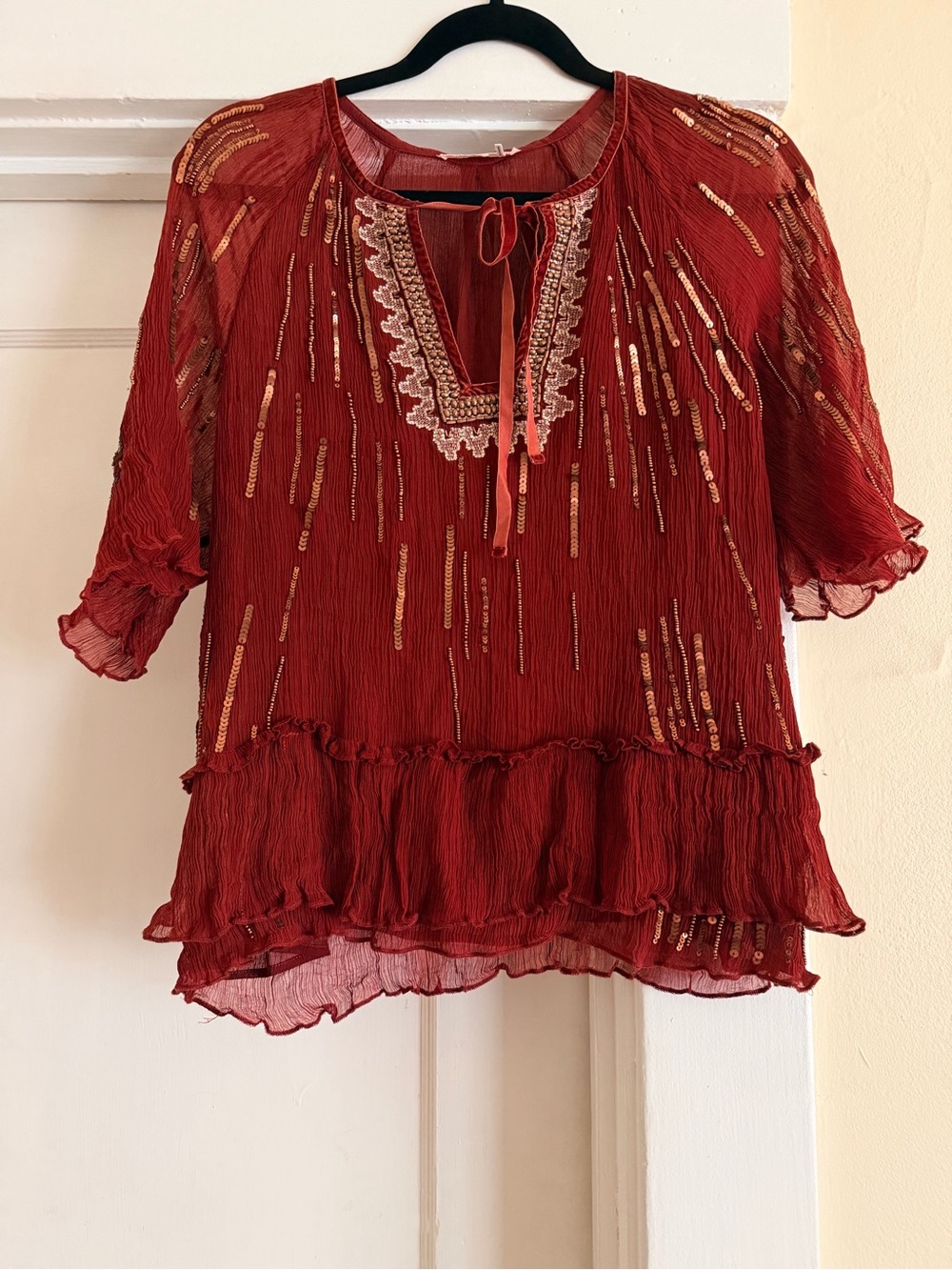 Floreat Anthropologie Canalis Sequin Beaded Blouse Rust Size M